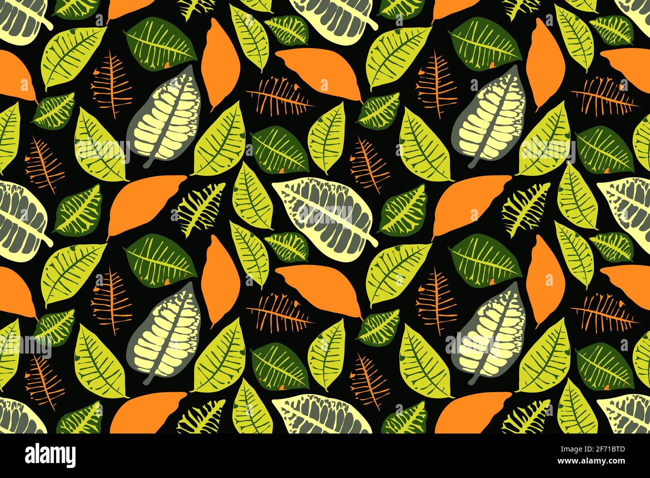 Vector floral seamless pattern with colorful leaves. Green, orange