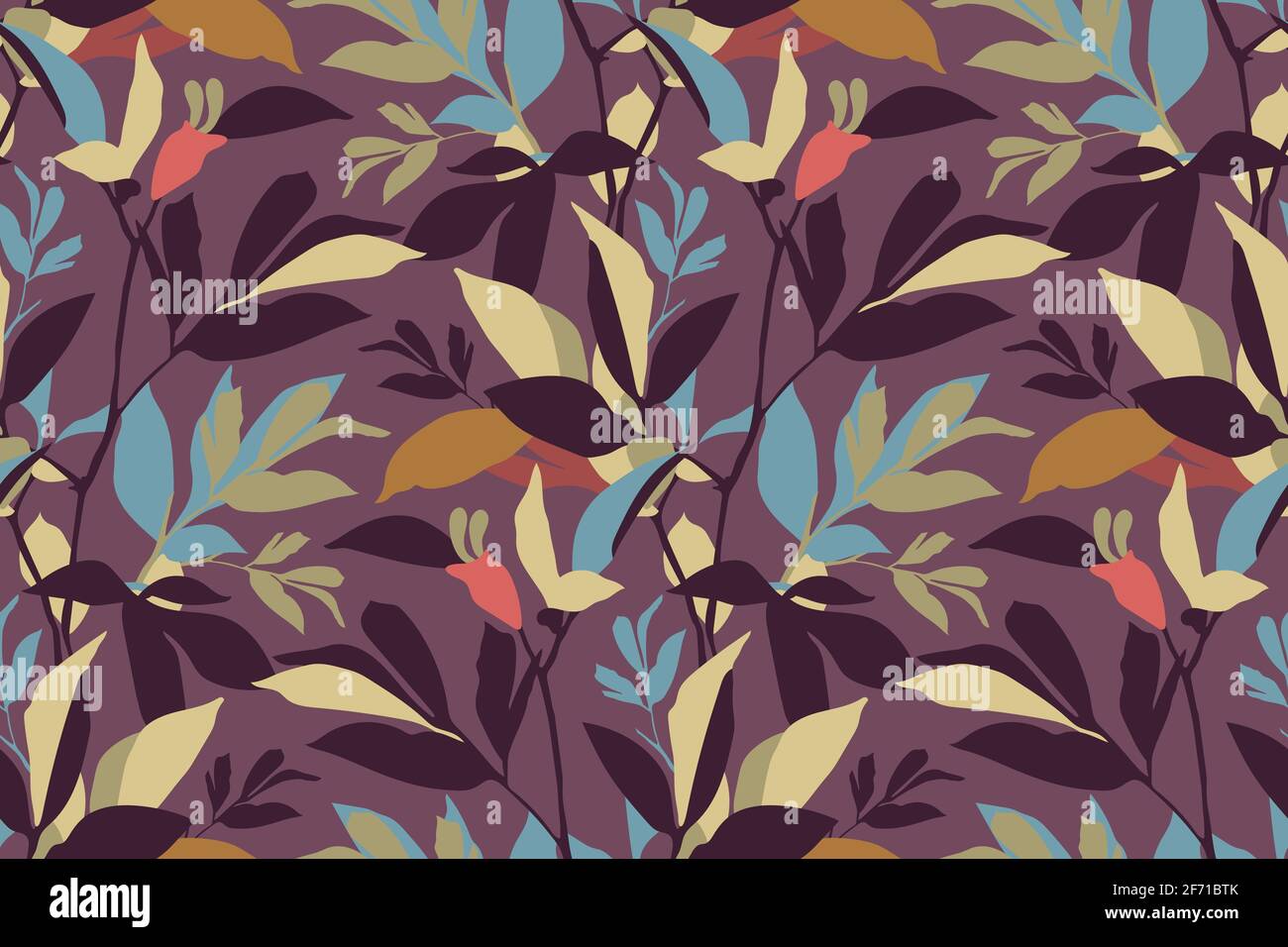 Vector floral seamless pattern. Colorful branches and leaves isolated on a purple background. For fabric, interior textile, wallpaper, wrapping paper. Stock Photo