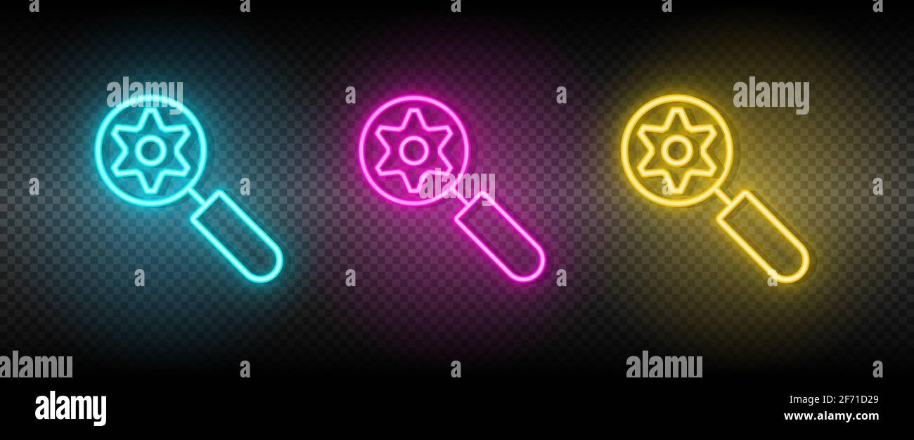zoom, setting vector icon yellow, pink, blue neon set. Tools vector icon on dark transparency background Stock Vector