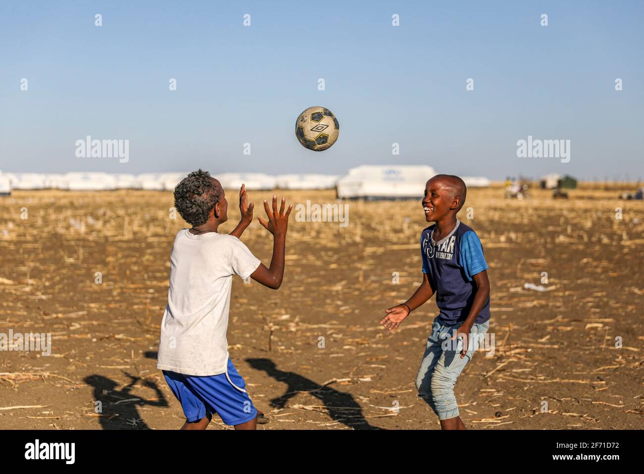 Ethiopian refugees migrated to Sudan and live in refugee camp Stock Photo