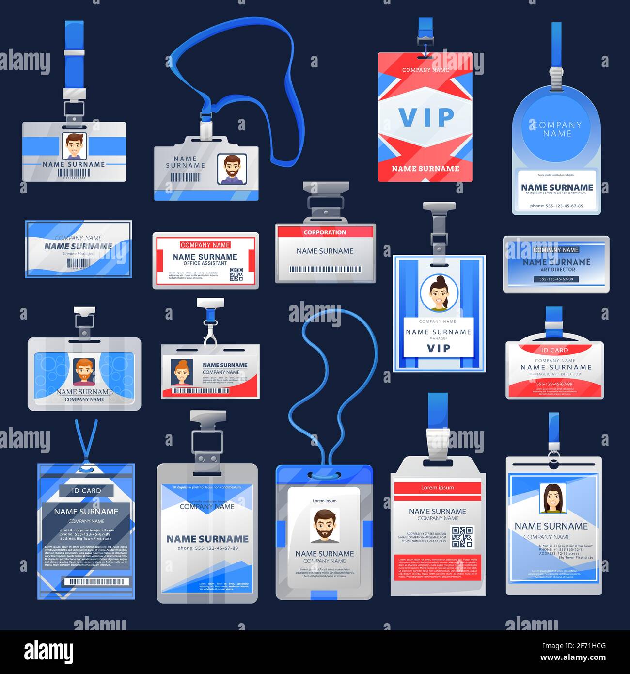 ID card or badge mockups, identification name tags Stock Vector Image