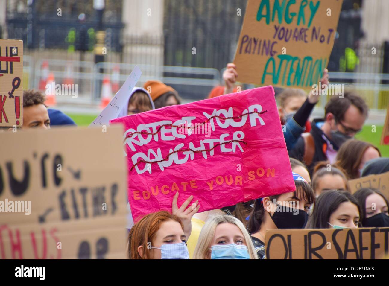 London, United Kingdom. 3rd April 2021. Hundreds of demonstrators gathered at Parliament Square for The 97% March to protest against harassment of women. Stock Photo