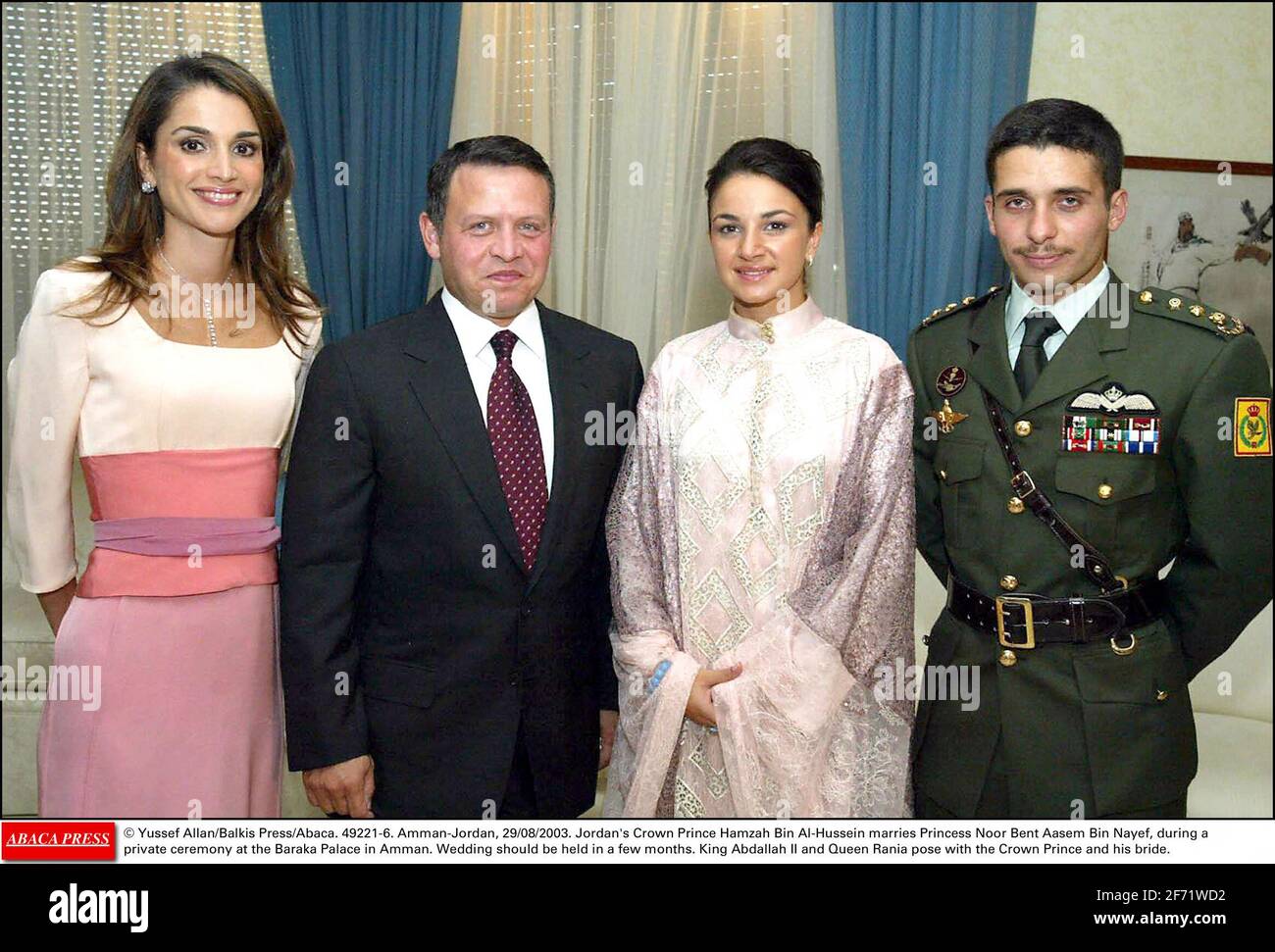 Files- © Yussef Allan/Balkis Press/ABACAPRESS.COM 49221-6. Amman-Jordan, 29/08/2003. Jordan's Crown Prince Hamzah Bin Al-Hussein marries Princess Noor Bent Aasem Bin Nayef, during a private ceremony at the Baraka Palace in Amman. Wedding should be held in a few months. King Abdallah II and Queen Rania pose with the Crown Prince and his bride. Stock Photo