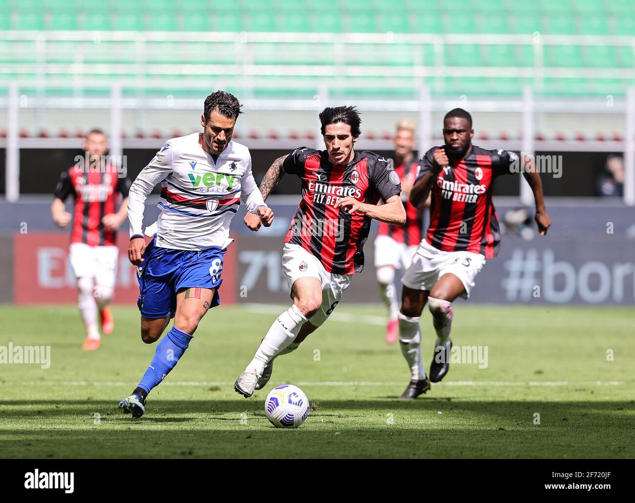 Milan, Italy. 03rd Apr, 2021. Antonio Candreva of UC Sampdoria and Sandro Tonali of AC Milan are seen in action during the Serie A 2020/21 football match between AC Milan and UC Sampdoria at the San Siro Stadium.(Final score; AC Milan 1:1 UC Sampdoria) Credit: SOPA Images Limited/Alamy Live News Stock Photo