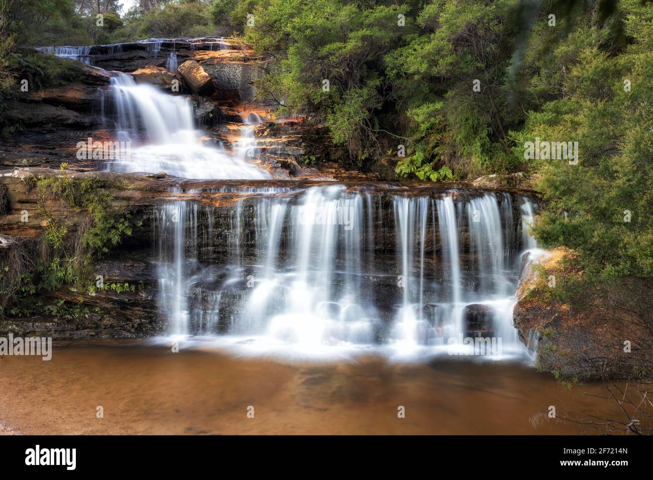 Top cascasde of Wentworth falls in the Blue Mountains of Australia - sunset frontal view. Stock Photo