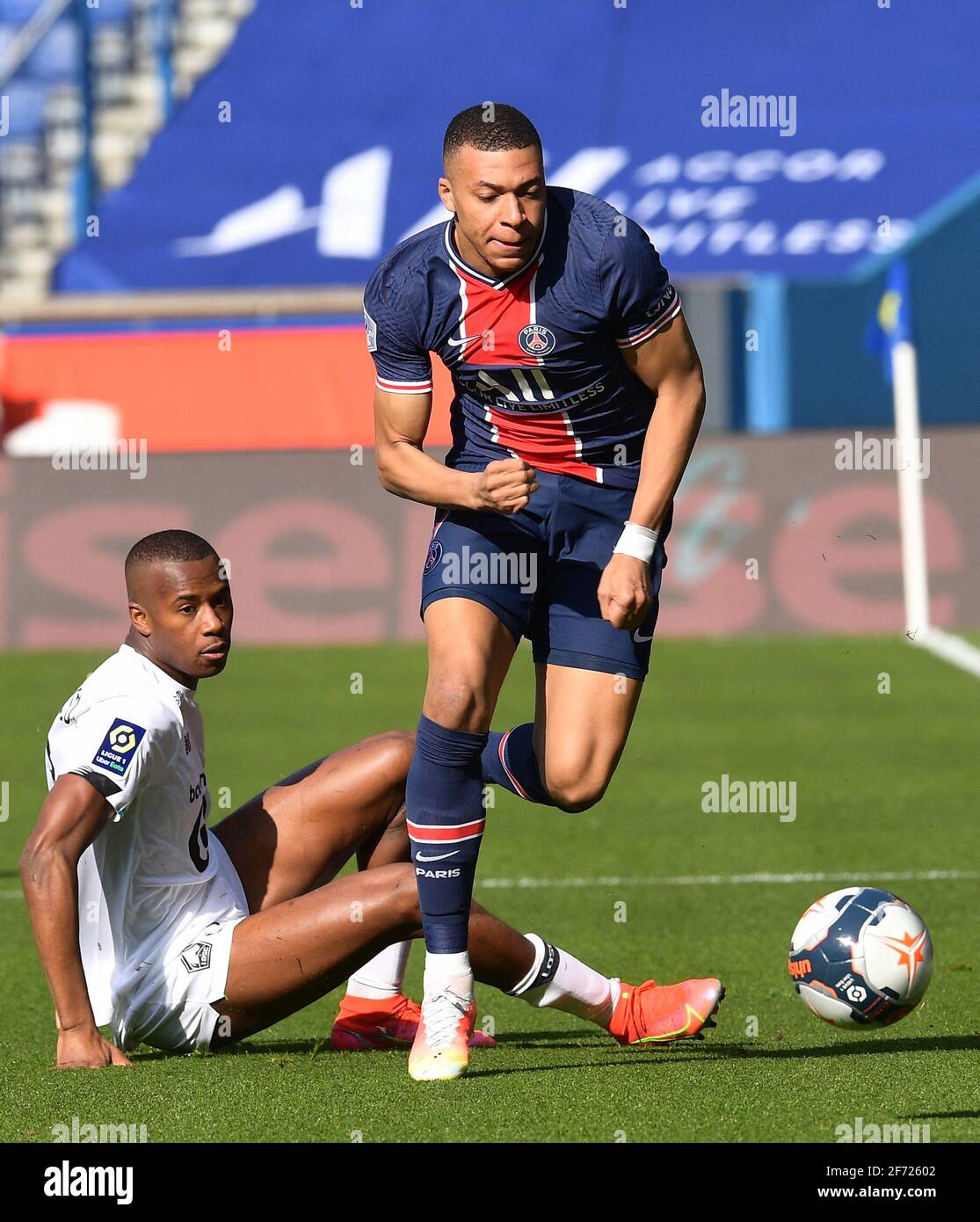 Kylian Mbappé of PSG in action during the Ligue 1 match between Paris 