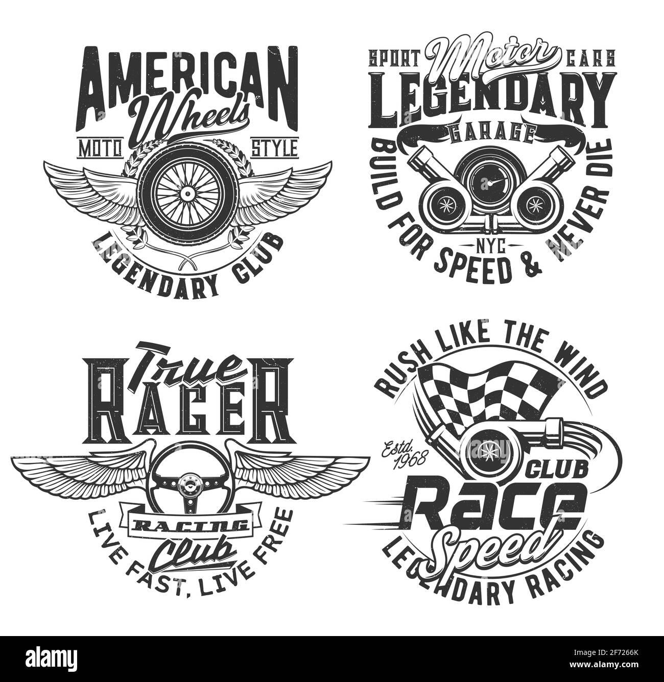 Races club t-shirt prints, speed wheel and wings Stock Vector