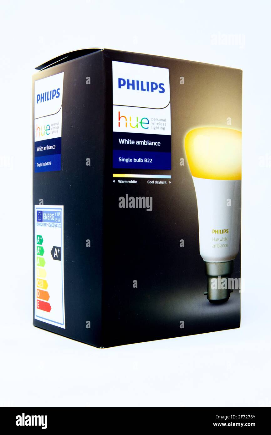 Philips Hue White Ambiance GU10 light bulbs pictured in London. May 1,  2019. The LED bulbs are modern smartphone voice activated technology Stock  Photo - Alamy