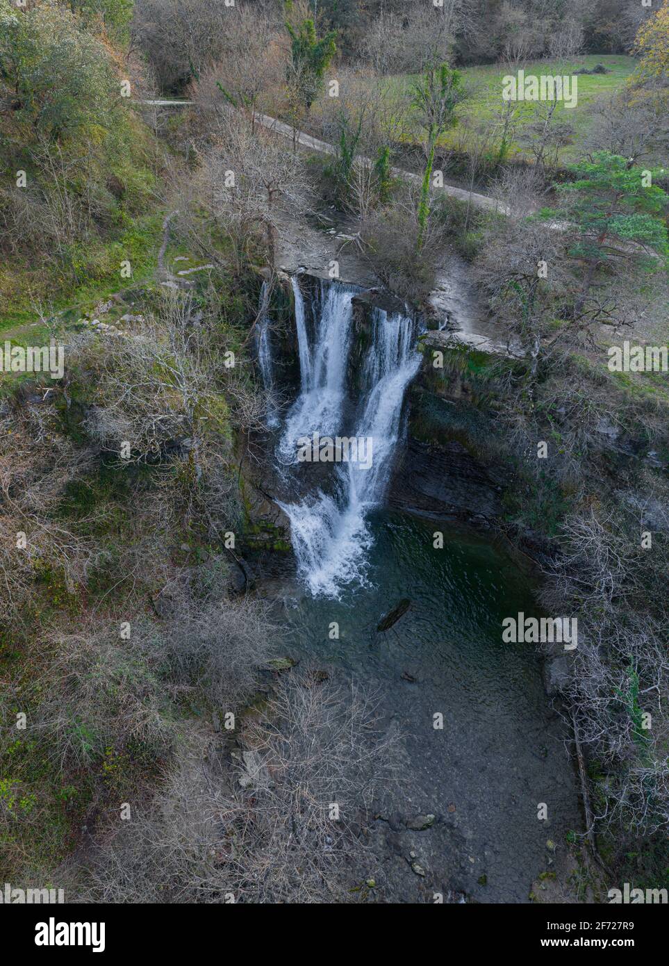 Waterfall of Penaladros in Cozuela aerial view, Burgos, Spain Stock Photo