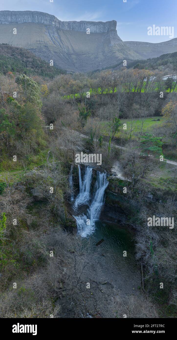 Waterfall of Penaladros in Cozuela aerial view, Burgos, Spain Stock Photo