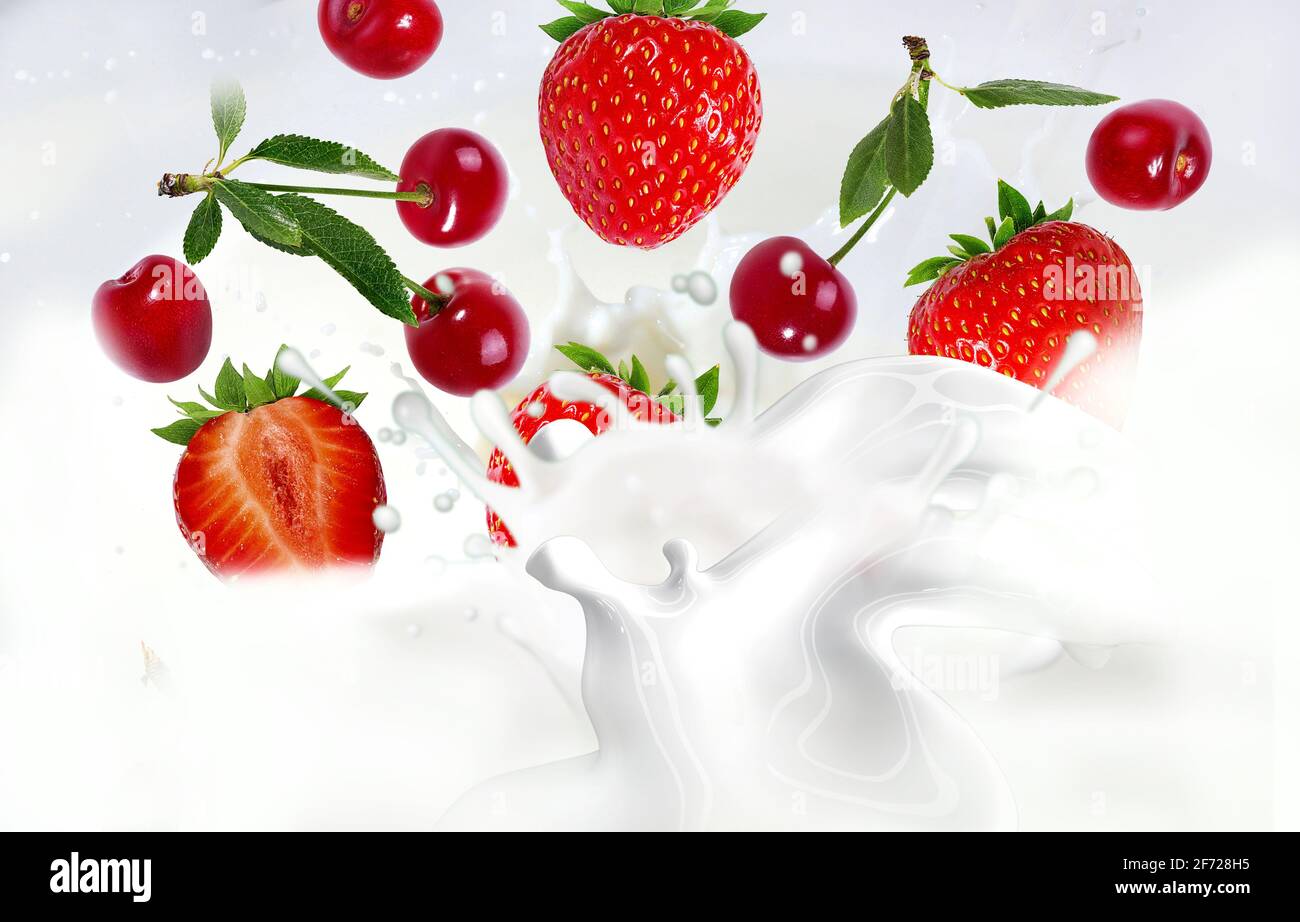 Splash and drops yogurt, milk, ice cream from falling ripe red