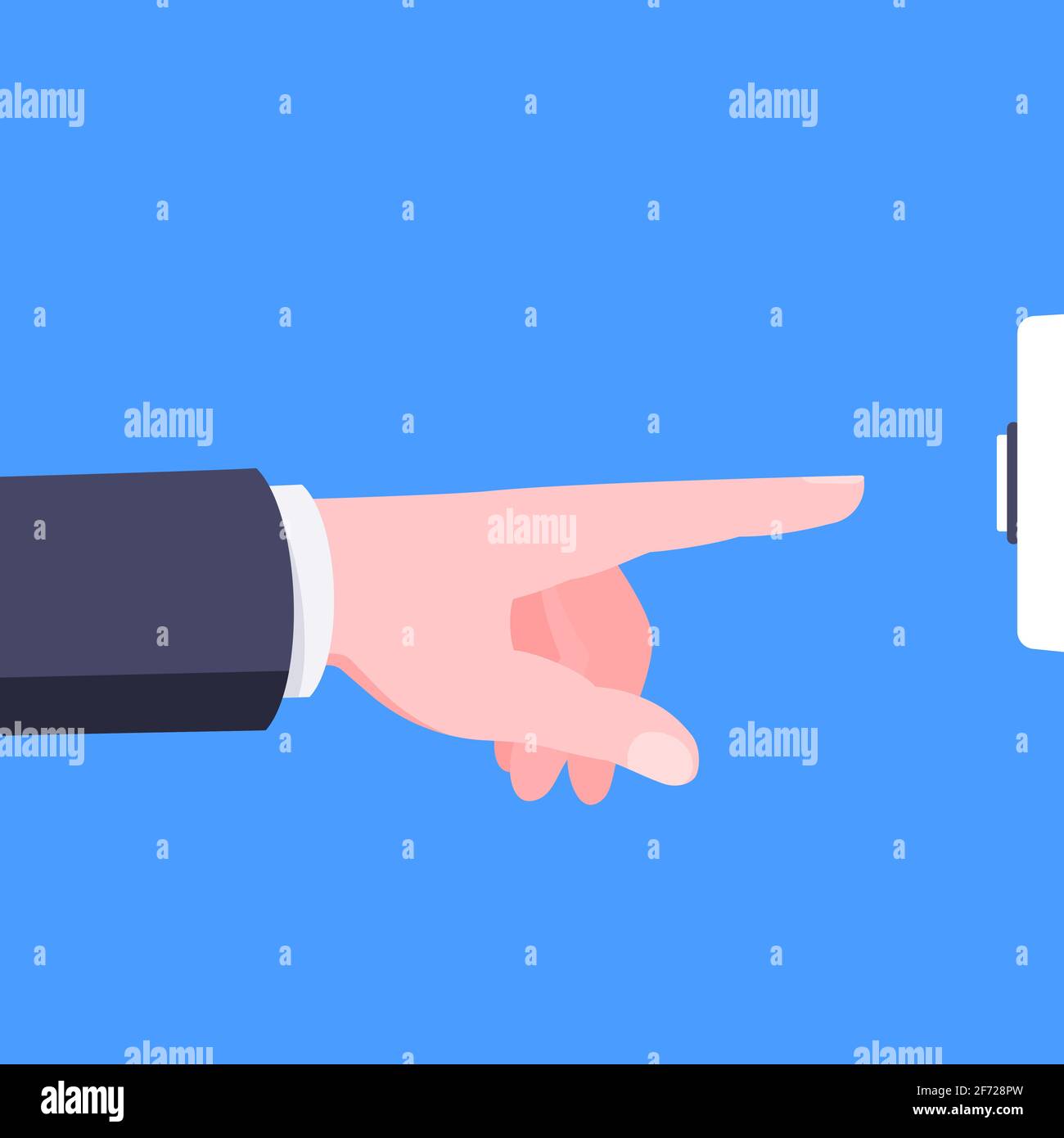 Male hand pushes doorbell button flat style design vector illustration isolated on blue background. Finger touches door bell switch button to ring. Stock Vector