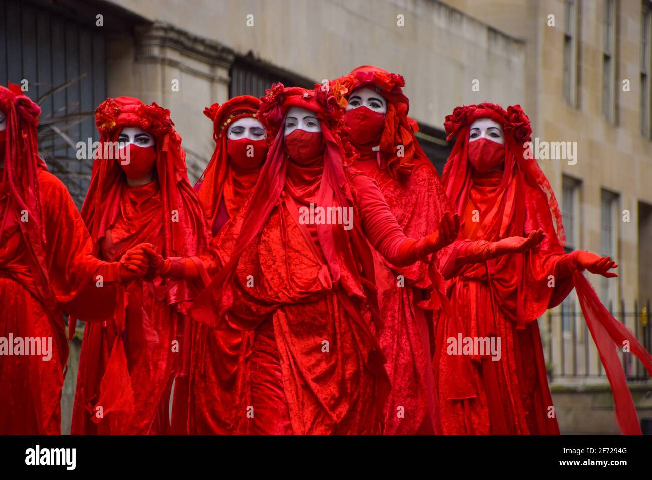 London, United Kingdom. 3rd April 2021. Extinction Rebellion's Red Rebel Brigade at the Kill The Bill protest in Mayfair. Stock Photo