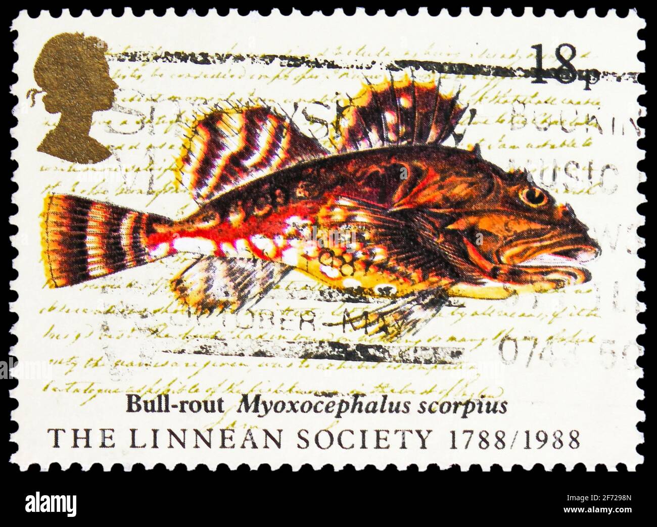 MOSCOW, RUSSIA - FEBRUARY 28, 2021: Postage stamp printed in United Kingdom shows Shorthorn Sculpin (Myoxocephalus scorpius), Linnean Society serie, c Stock Photo