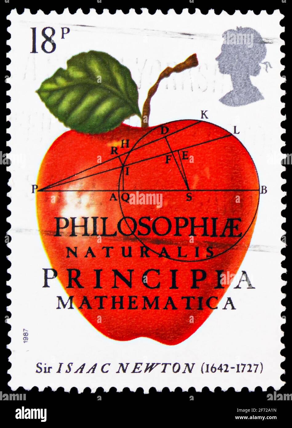 MOSCOW, RUSSIA - FEBRUARY 28, 2021: Postage stamp printed in United Kingdom shows The Principia Mathematica, Sir Isaac Newton serie, circa 1987 Stock Photo