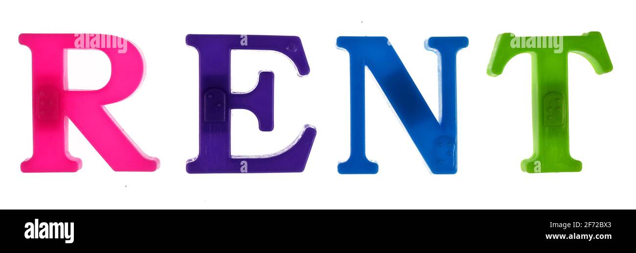 Rent word lined with plastic multicolored letters on white background ...