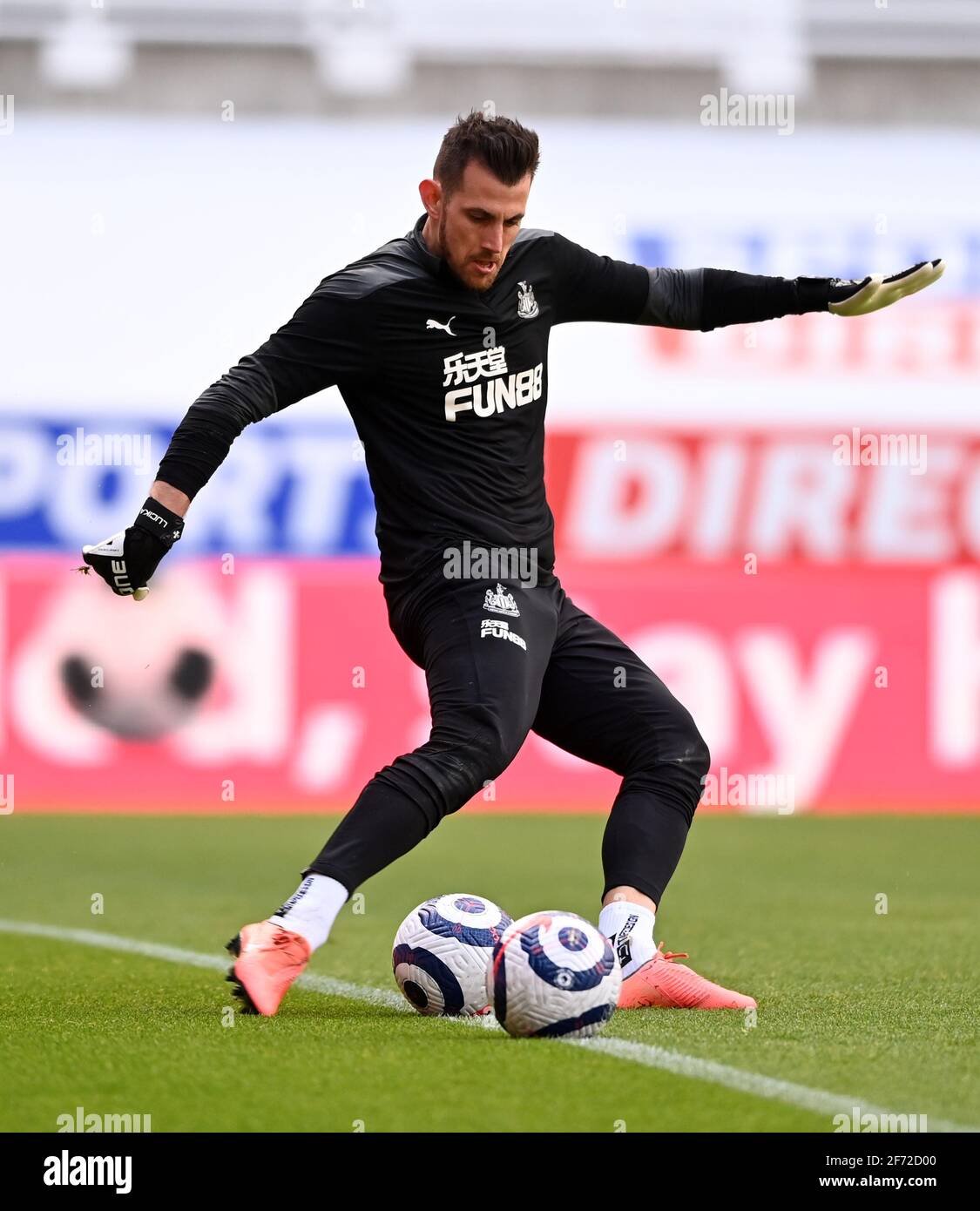 Newcastle United goalkeeper Martin Dubravka warming up prior to kick-off during the Premier League match at St James' Park, Newcastle. Picture date: Sunday April 4, 2021. Stock Photo
