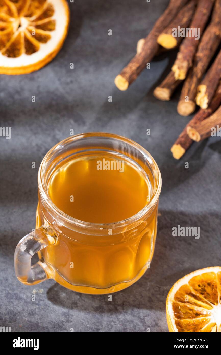 Hot liquorice drink with lemon Glycyrrhiza glabra Stock Photo Alamy