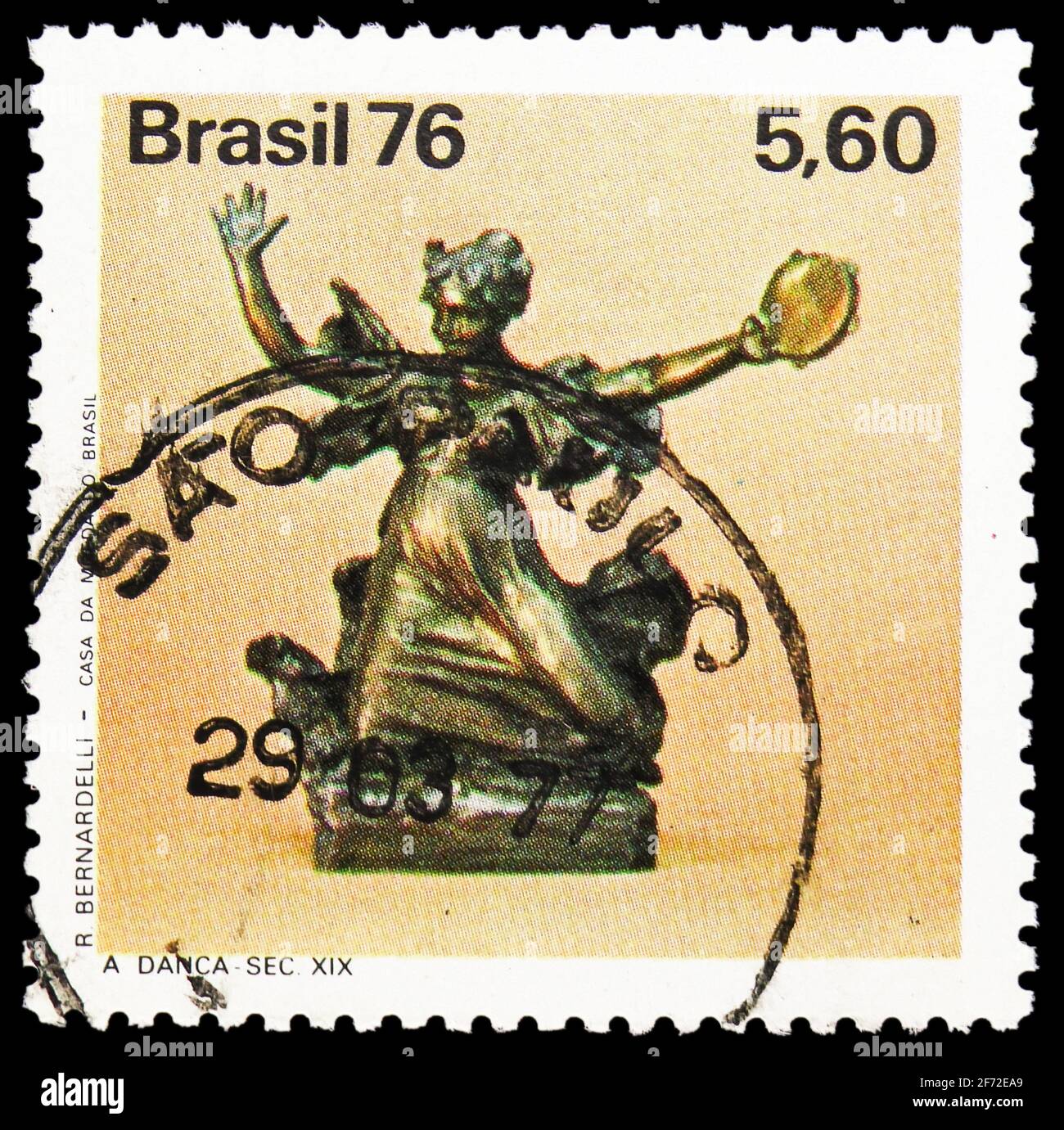 MOSCOW, RUSSIA - JANUARY 20, 2021: Postage stamp printed in Brazil shows The Dance, J. Bernardelli, Brazilian Sculpture serie, circa 1976 Stock Photo