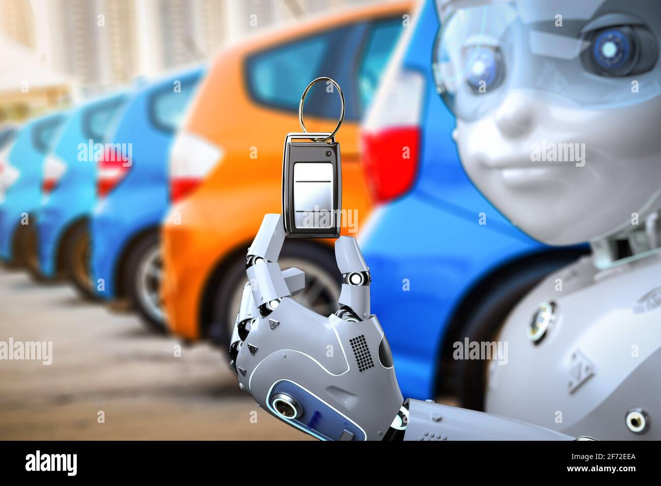 3d rendering  robot hold car key or car remote control on Stock Photo