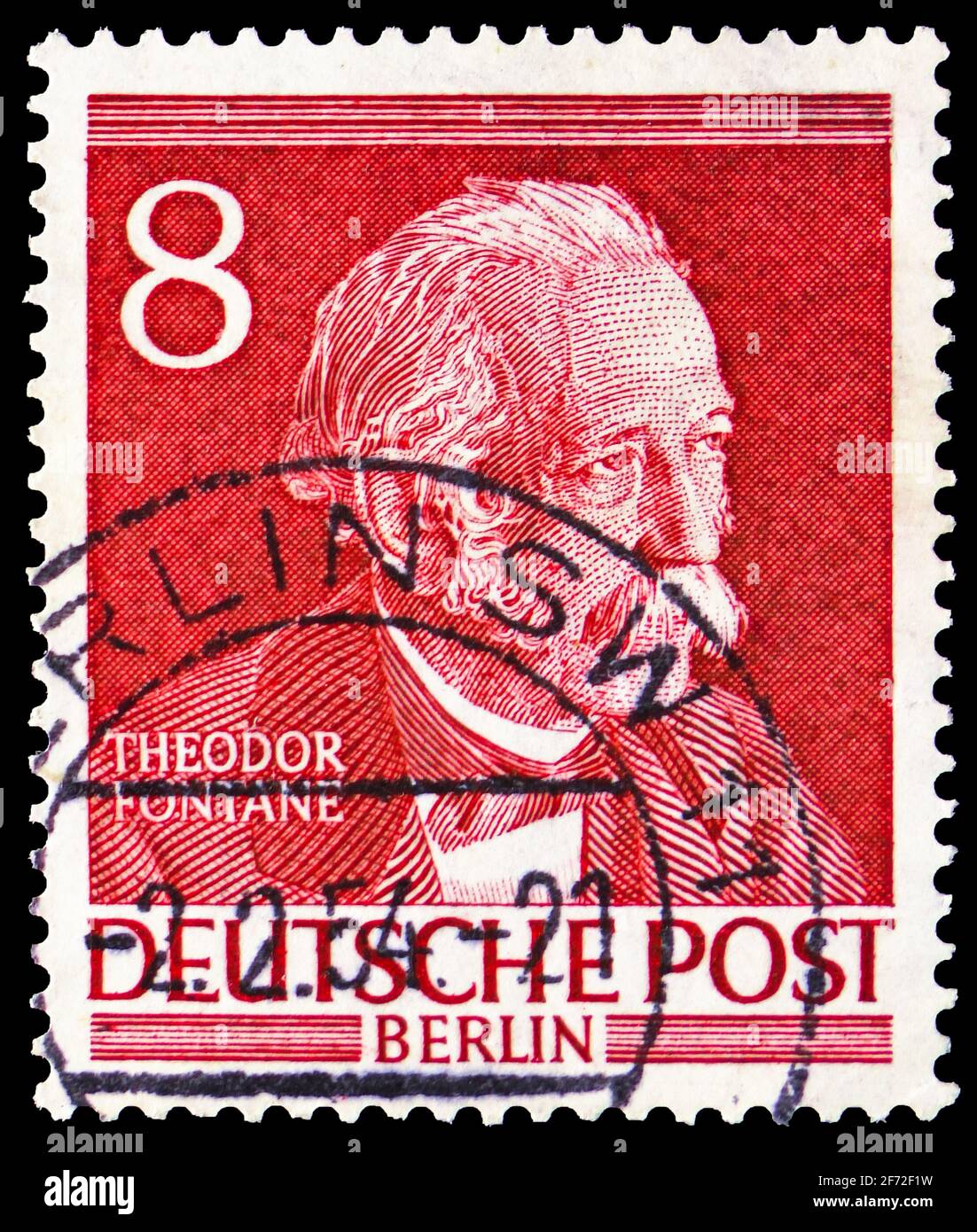 MOSCOW, RUSSIA - DECEMBER 22, 2020: Postage stamp printed in Germany, Berlin, shows Theodor Fontane (1819-1898), Famous Berliners serie, circa 1953 Stock Photo