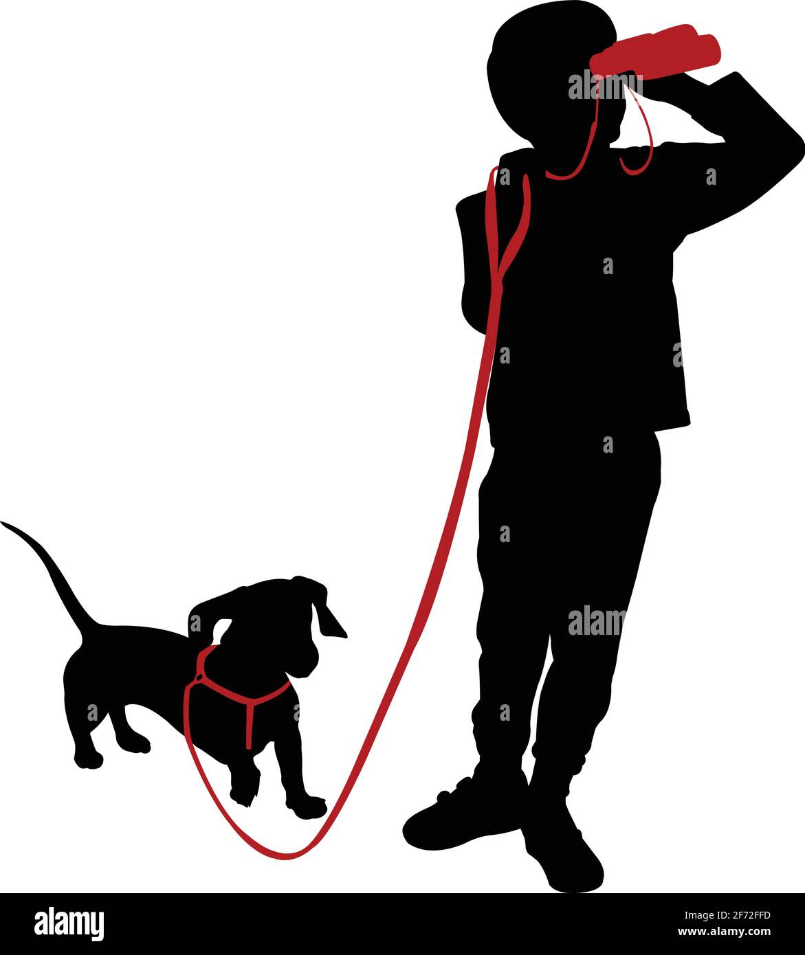 boy holding binoculars and his dog silhouette - vector Stock Vector