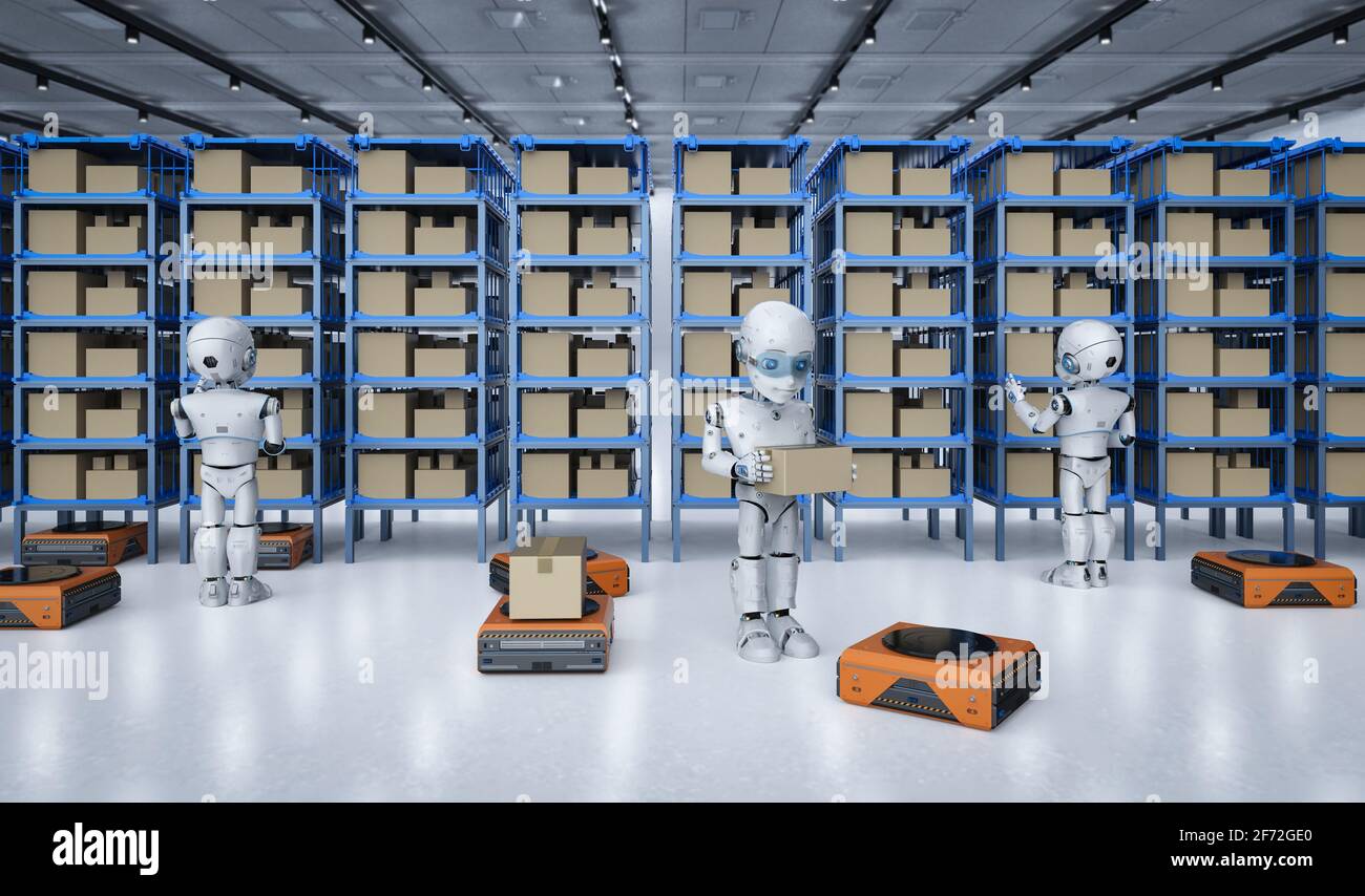 Automatic warehouse concept with 3d rendering automation robot work in ...