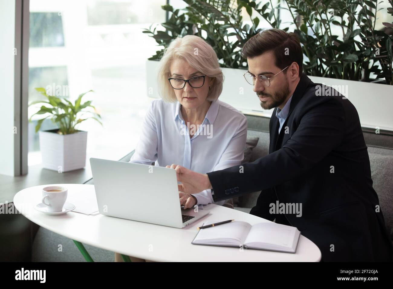 Diverse employees work on laptop in office together Stock Photo