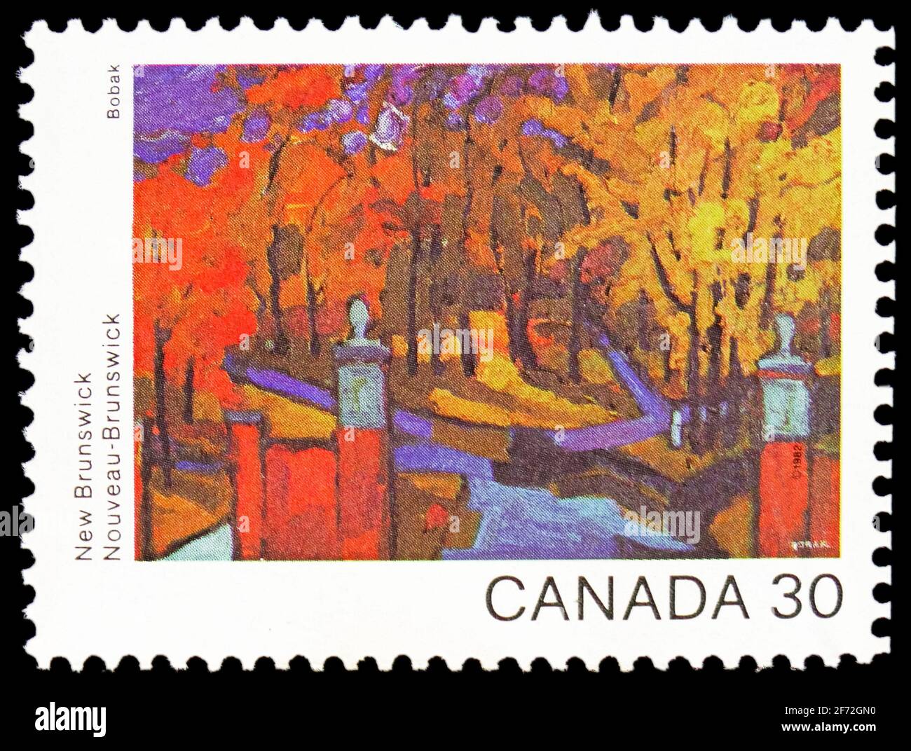MOSCOW, RUSSIA - DECEMBER 22, 2020: Postage stamp printed in Canada shows New Brunswick, Campus Gates (Bobak), anada Day Paintings of Canadian Landsca Stock Photo