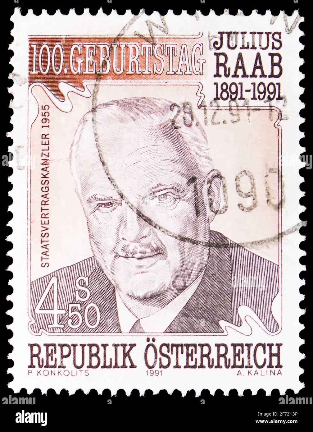 MOSCOW, RUSSIA - DECEMBER 22, 2020: Postage stamp printed in Austria shows Birth Centenary of Julius Raab (1891-1964), politician, circa 1991 Stock Photo