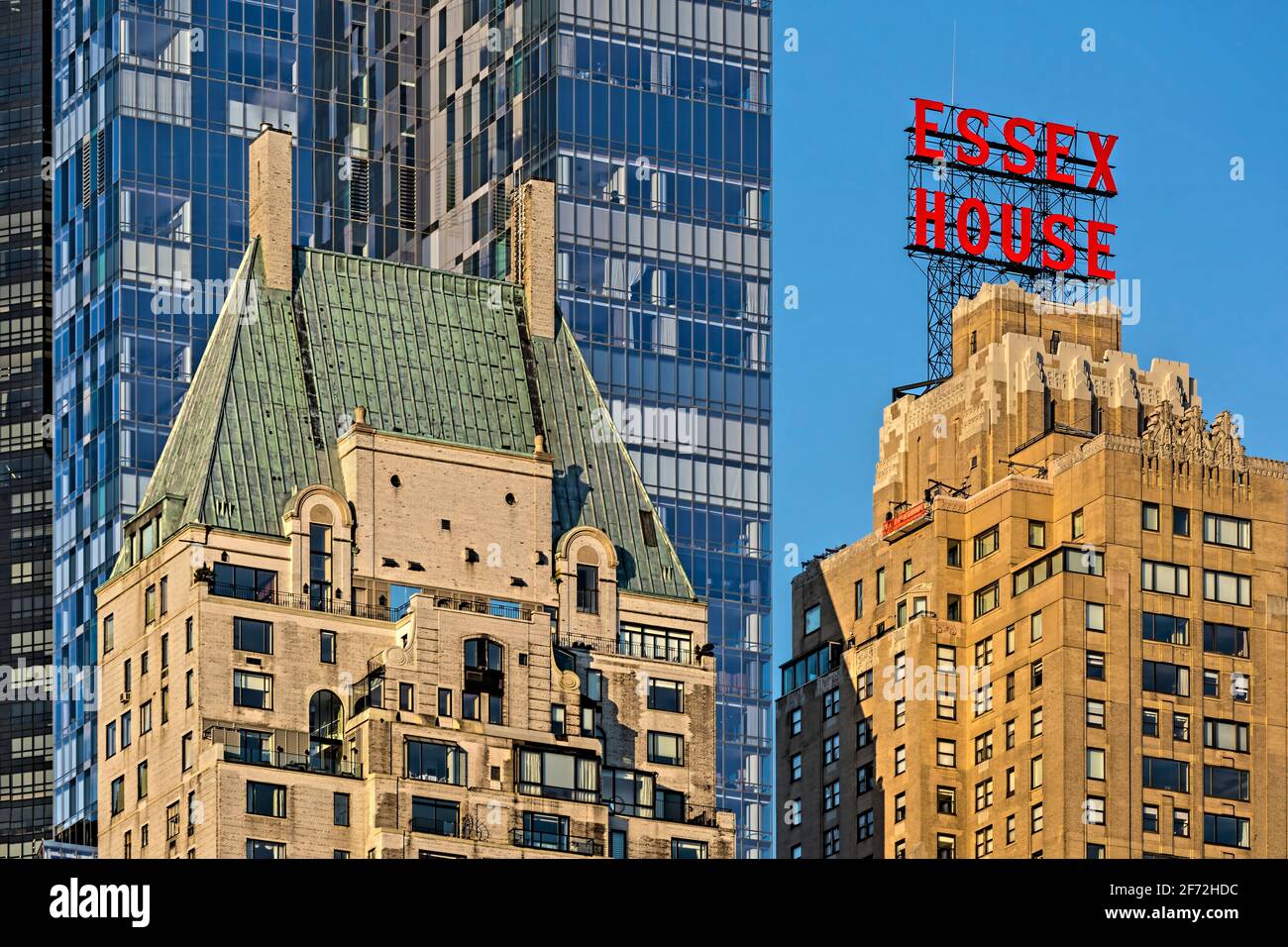 Hampshire House and Essex House are iconic parts of the Central Park South skyline, both built during the Great Depression. Stock Photo