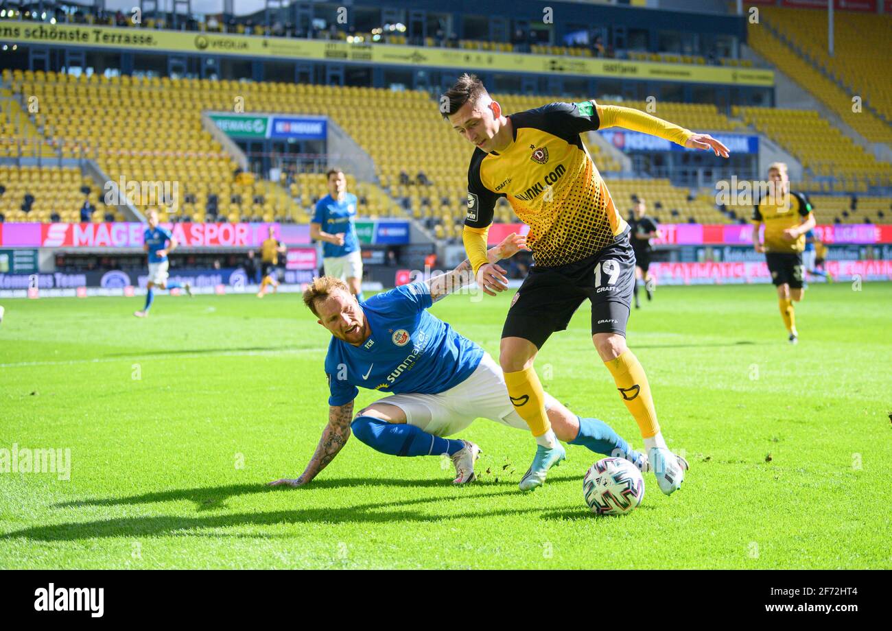 Dresden Germany 04th Apr 2021 Football 3 League Sg Dynamo Dresden Fc Hansa Rostock Matchday 30 At Rudolf Harbig Stadion Dynamo S Jonathan Meier R Fights For The Ball With Rostock S Jan Lohmannsroben Credit