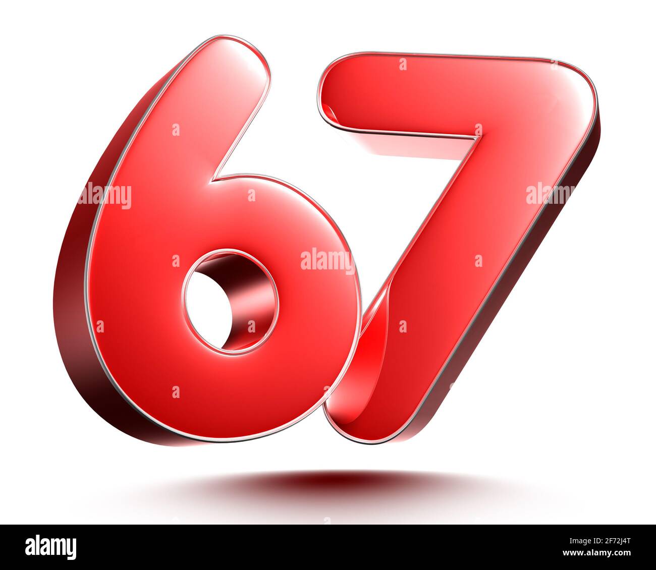Red numbers 67 on white background 3D rendering with clipping path ...