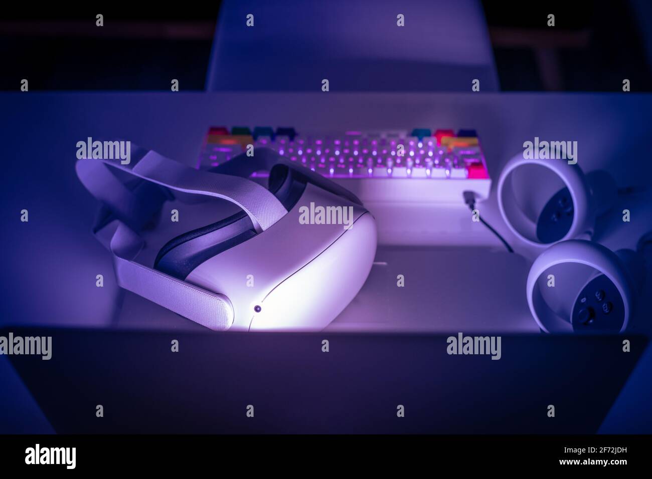 Virtual reality devices on the desk. Laptop VR 3D viewer air joystick