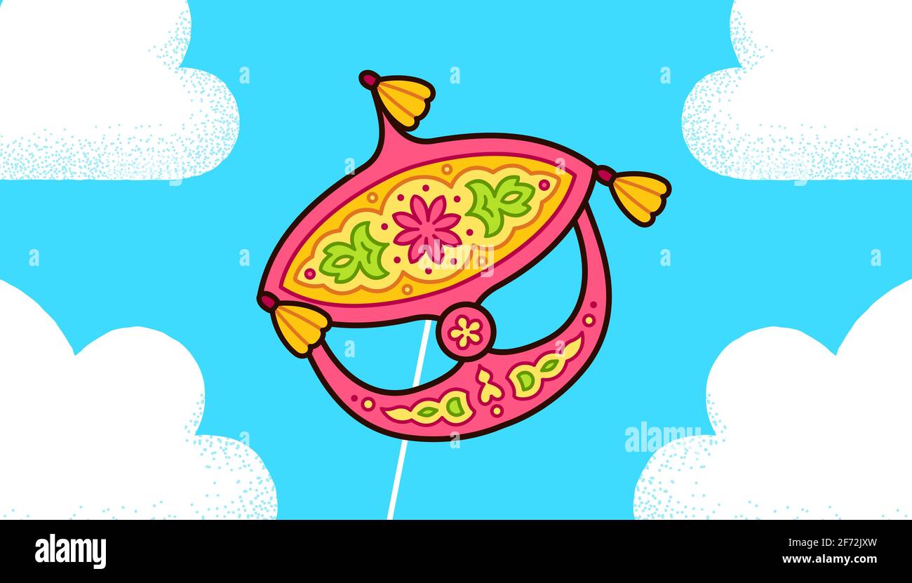 Wau Bulan, traditional Malay moon kite, flying in the sky. Symbol of Malaysia. Cute cartoon drawing, vector clip art illustration. Stock Vector