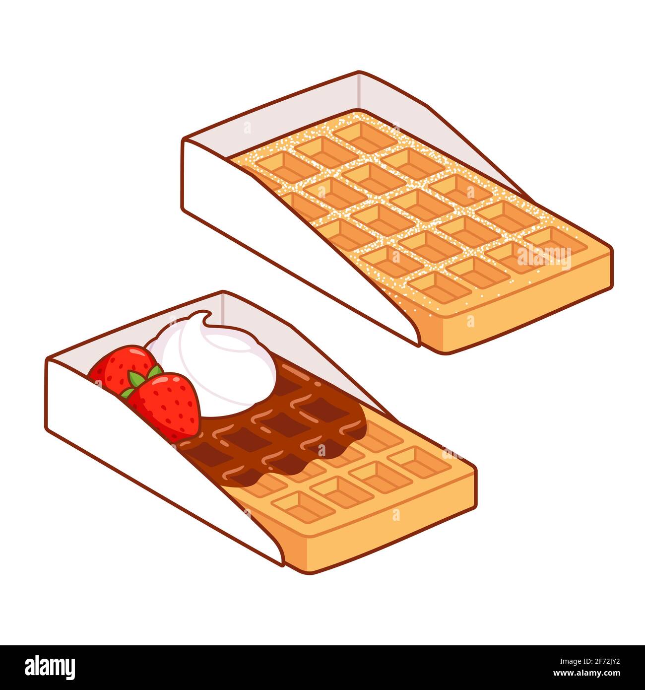 Brussels waffles in takeout boxes, Belgian street food. Powdered sugar,  chocolate, whipped cream and strawberries topping. Cartoon clip art drawing,  i Stock Vector Image & Art - Alamy