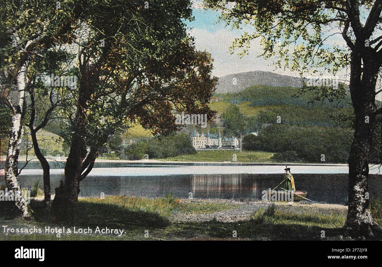 Postcard c. 1900 of Trossachs Hotel & Loch Achray, Scotland. The hotel, built in the Scottish baronial style, was a very popular tourist destination. Stock Photo