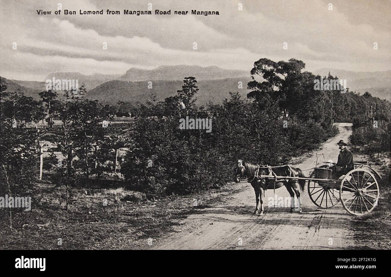 Postcard dated 1912 showing a horse and trap with a view of Ben Lomond from Mangana Road near Mangana, the Highlands, Scotland. Stock Photo
