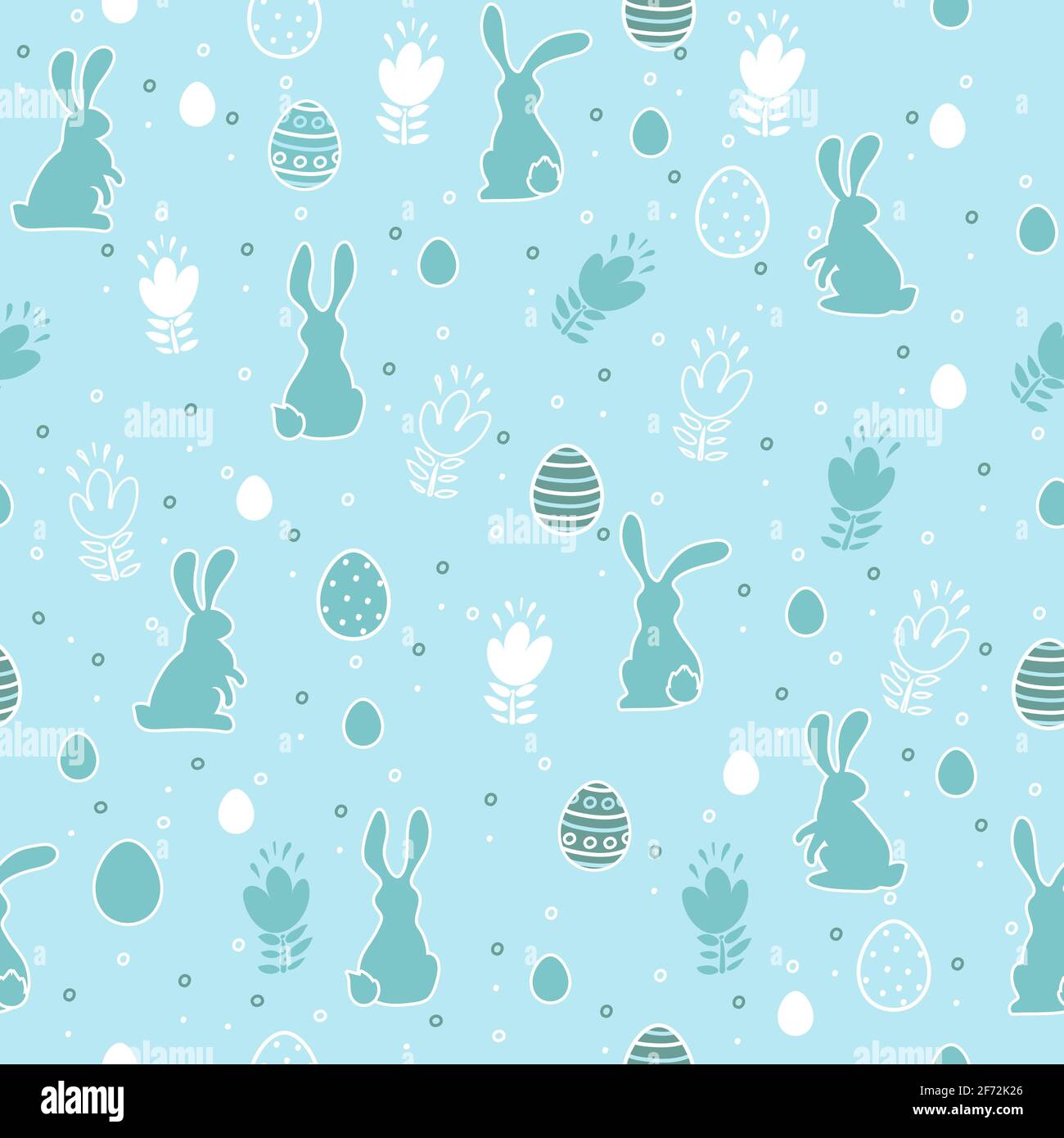 Easter seamless pattern with eggs, flowers and bunnies on a blue ...