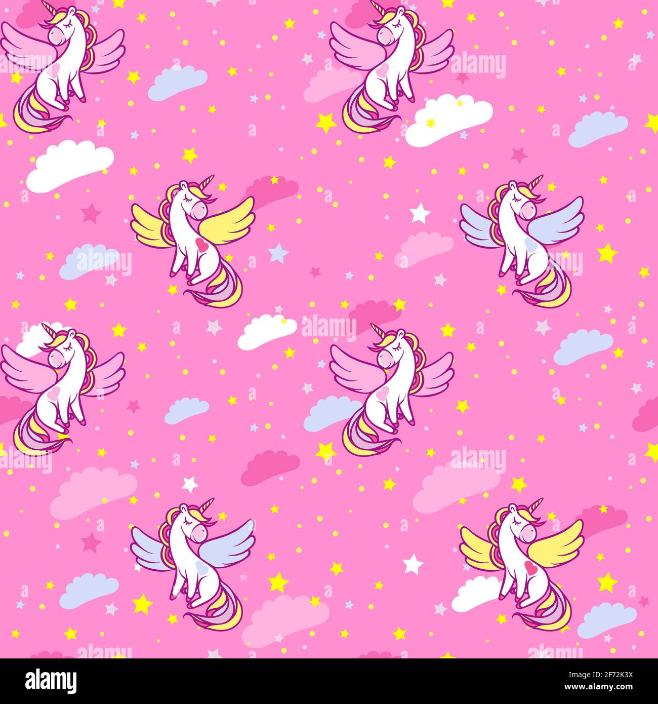 Seamless pattern with cute magical unicorns in the sky with colorful ...