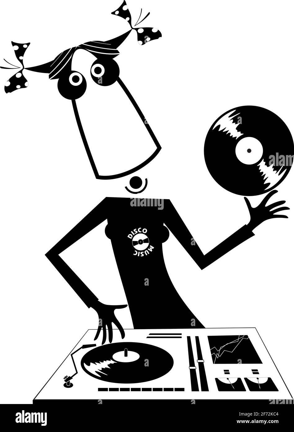 Cartoon funny DJ girl illustration.  Bizarre DJ girl performing music on the control panel black on white illustration Stock Vector