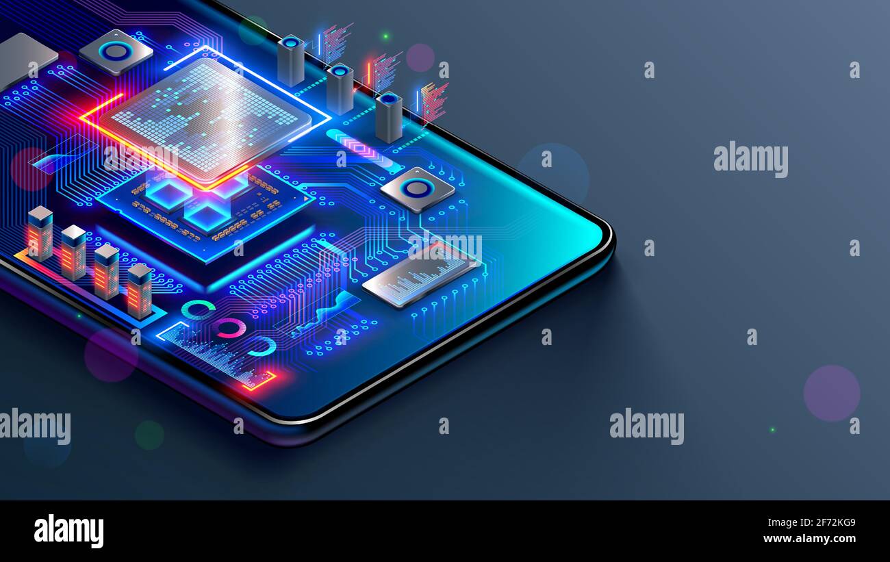 CPU of phone. Microchip, smd electronic components of mobile device on circuit board or motherboard. Digital Processor, parts of repair smartphone. En Stock Vector