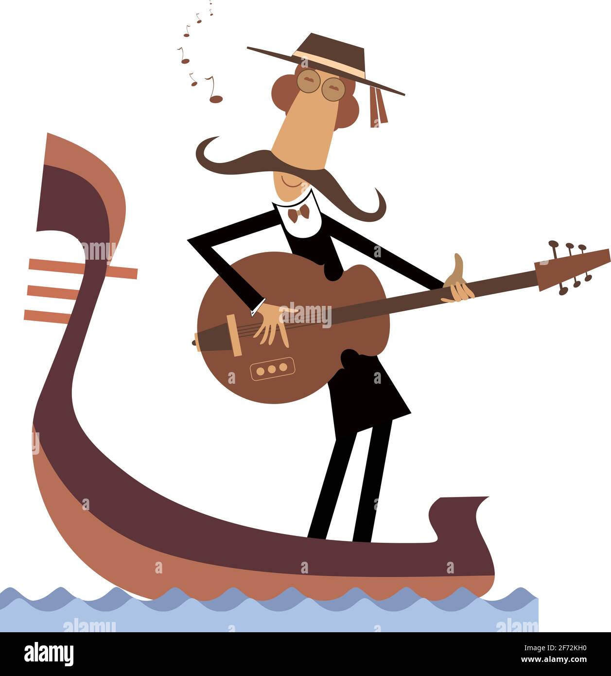 Man with guitar and gondola illustration.  Funny gondolier with long mustaches rides on gondola plays guitar and singing isolated on white Stock Vector