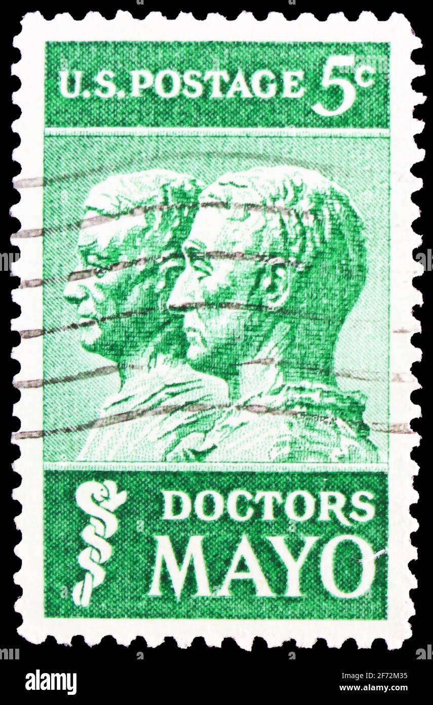 MOSCOW, RUSSIA - DECEMBER 22, 2020: Postage stamp printed in United States shows Drs. William and Charles Mayo, Doctors Mayo Issue serie, circa 1964 Stock Photo