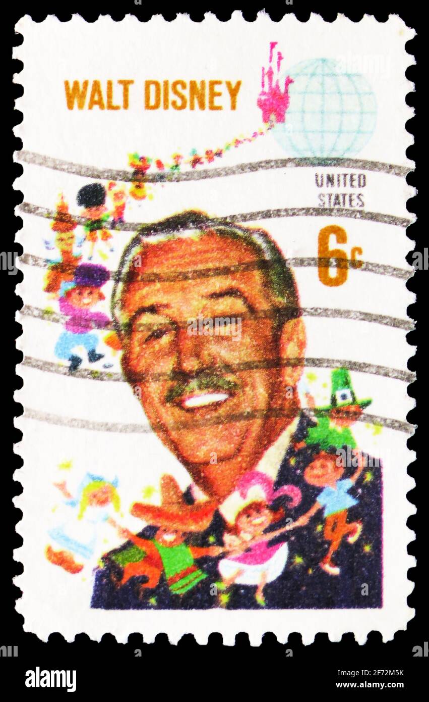 MOSCOW, RUSSIA - DECEMBER 22, 2020: Postage stamp printed in United States shows Walt Disney (1901-1966) and Children of the World, serie, circa 1968 Stock Photo