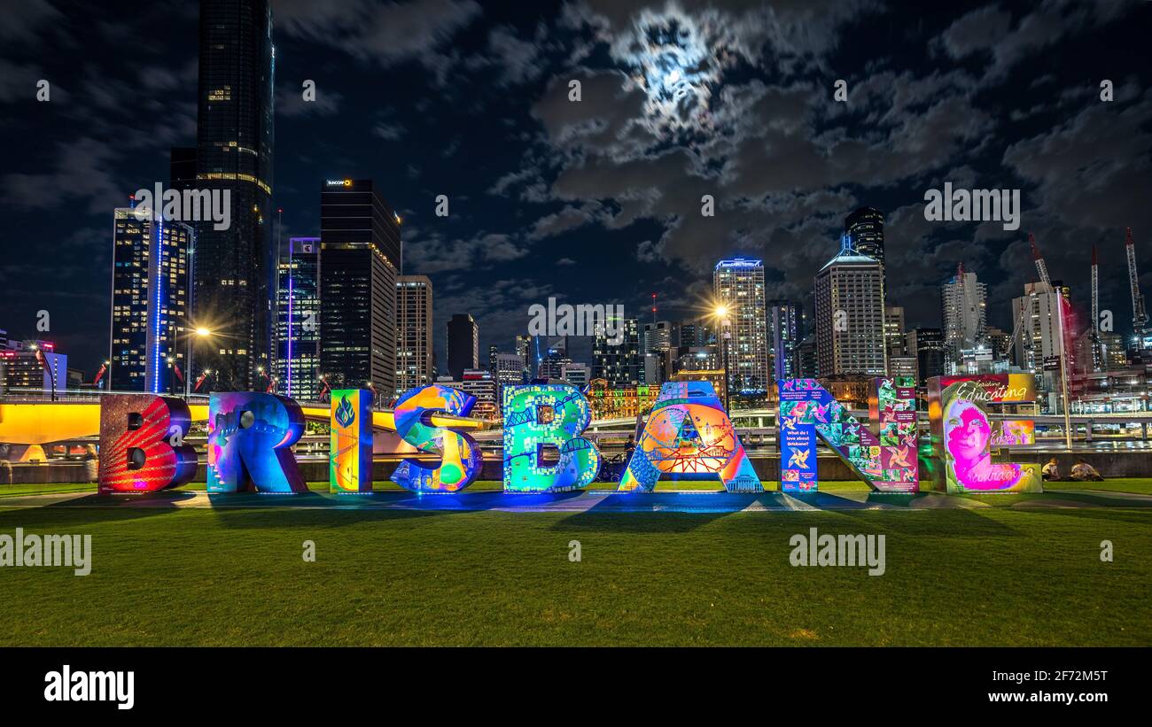 Brisbane, Australia Illuminated Brisbane sign with the city in the