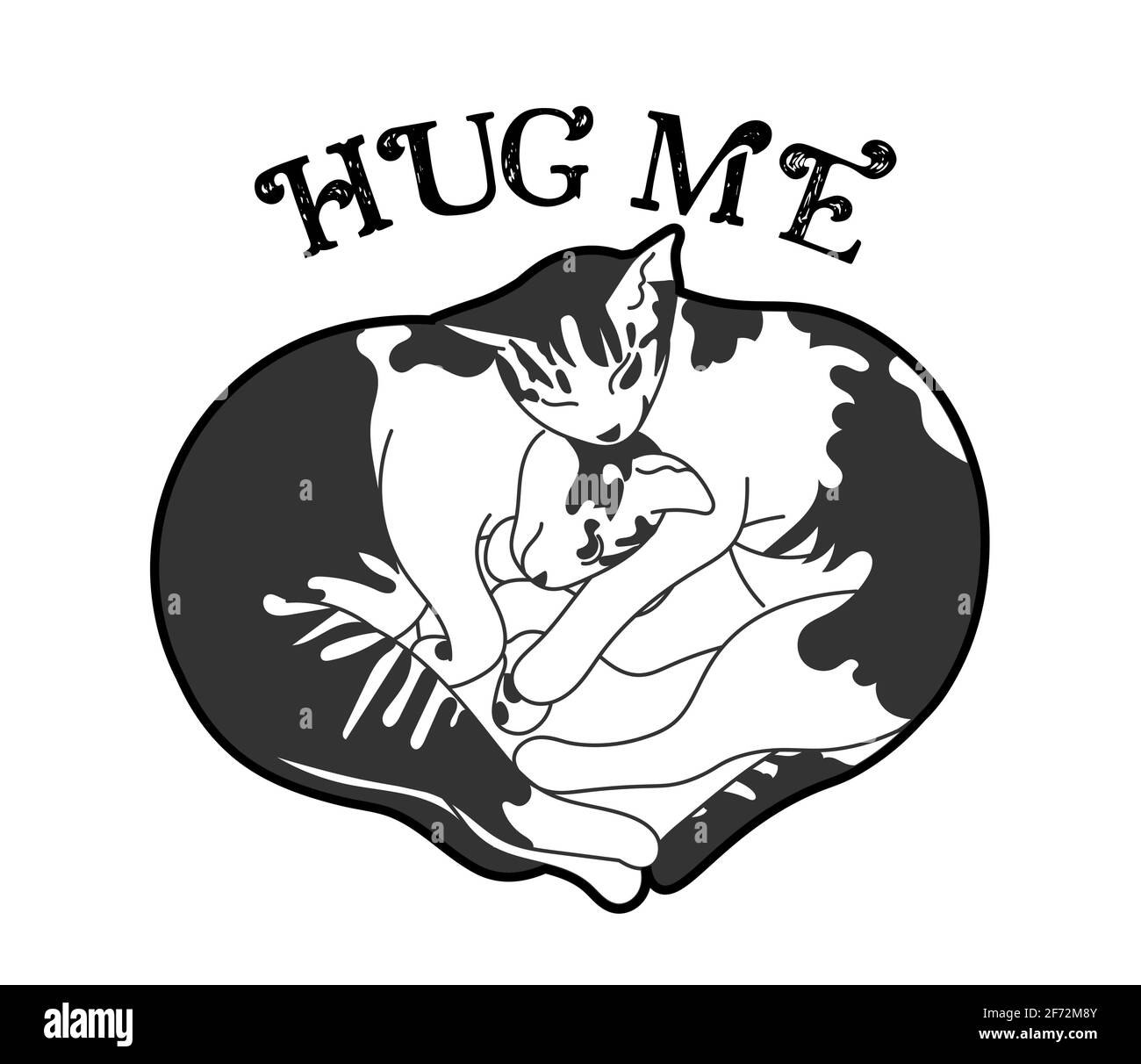 Two kittens cuddling with messages, hug me, love and care concept. Design for cat lovers. vector illustration. Stock Vector