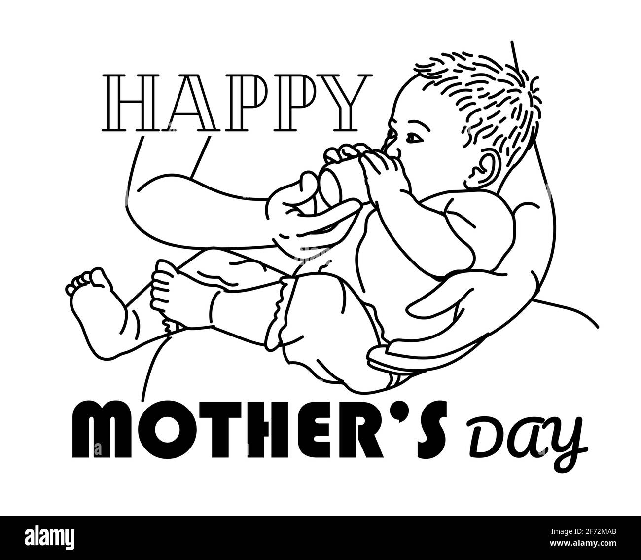 Drawing of Mother's hand holding and feeding baby from milk bottle. with Happy Mother's Day Text. Stock Vector