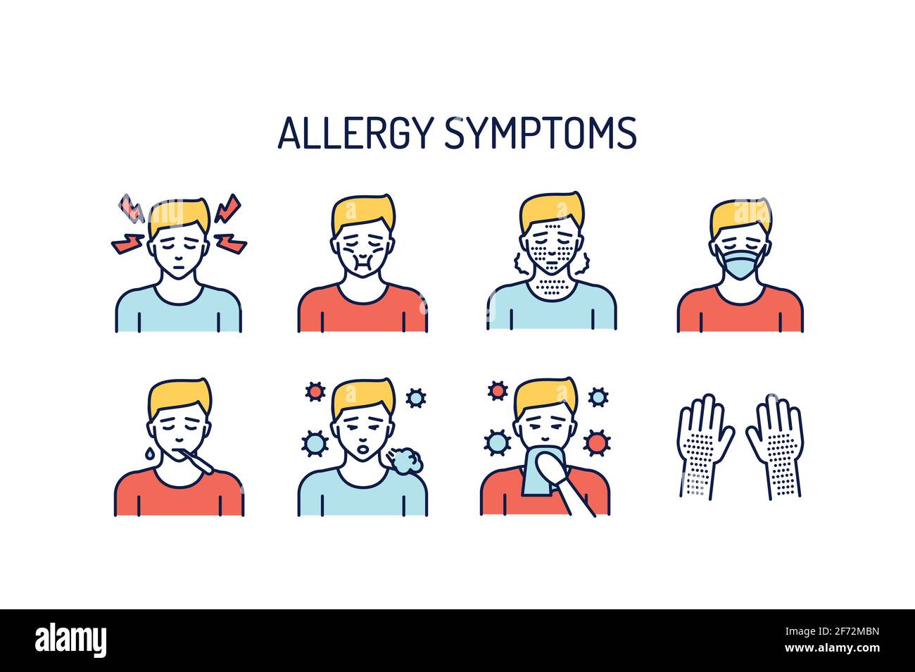 Allergy symptoms line color icons concept. Dermatological, infectious