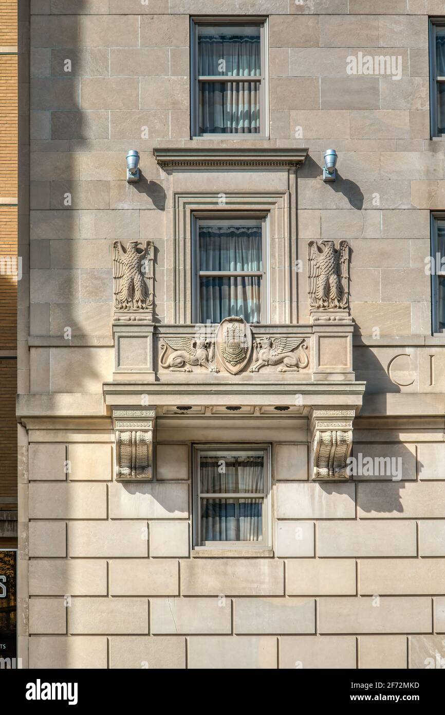 Detail, former City of Boston Police Department Headquarters (now Loews Boston Hotel) at 154 Berkeley Street. Stock Photo